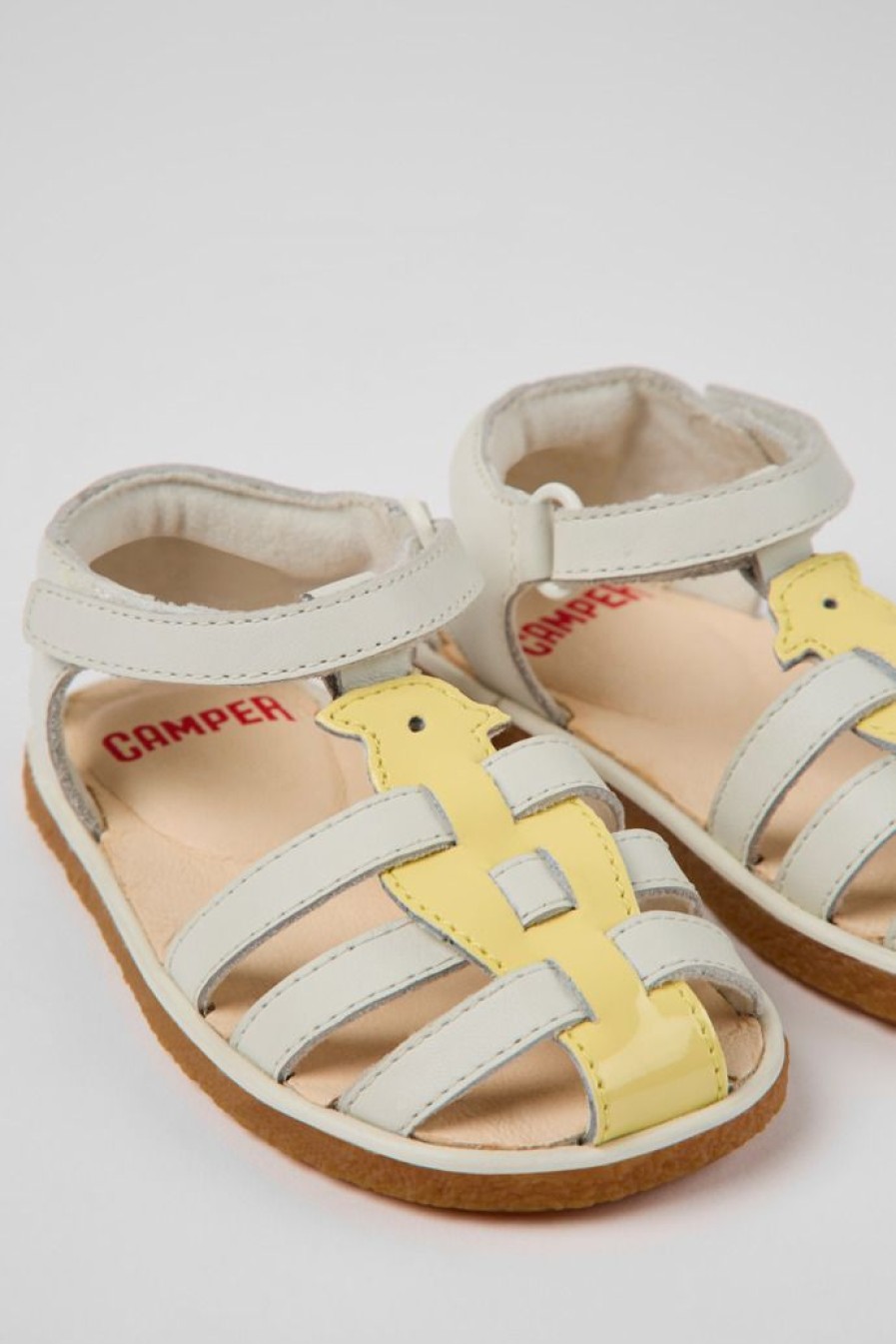Camper Sandalias | Sandalias Blancas Y Amarillas De Piel Para Ninos