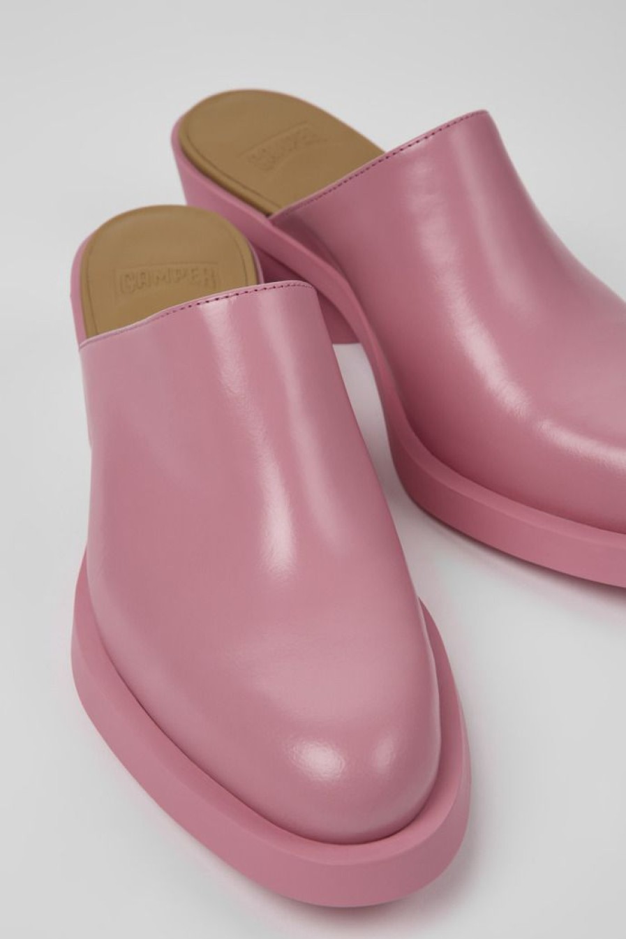 Camper Zapatos De Tacon | Mules Rosas De Piel Para Mujer