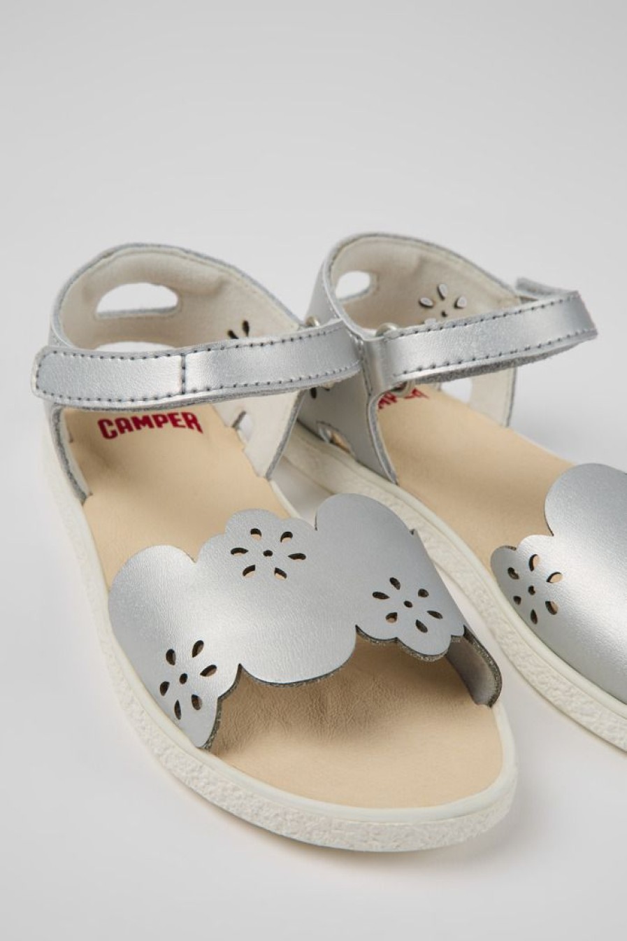 Camper Sandalias | Sandalias Plateadas De Piel Para Nina
