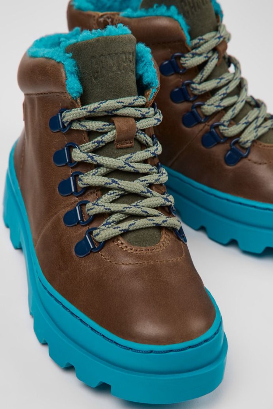 Camper Zapatos De Cordones | Botines Marrones De Piel Y Tejido Para Ninos